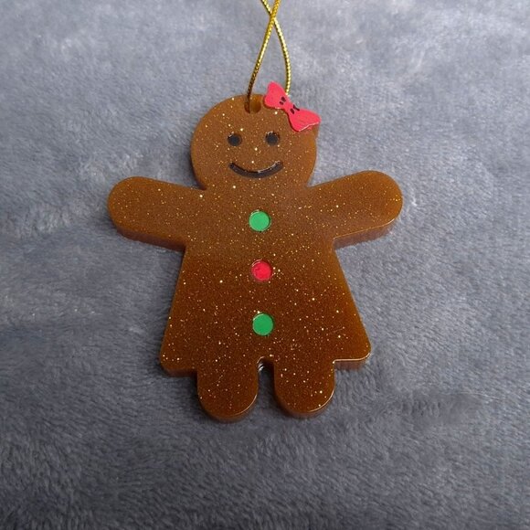 Handmade Resin Set Of 4 Glittery Gingerbread Men Women Christmas Ornaments - Picture 6 of 9